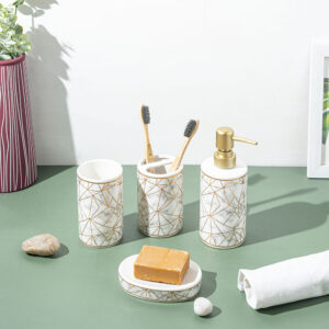 Geometric Pattern Ceramic Bath Set-White and Gold