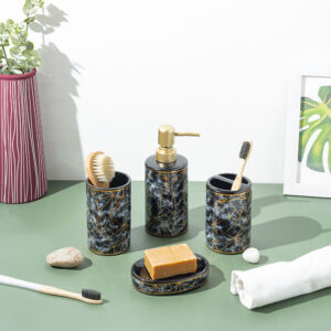 Geometric Pattern Ceramic Bath Set-Black and Gold