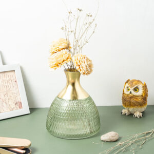 Fluted Vase with Golden Metal Top- Green