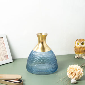 Fluted Vase with Golden Metal Top- Blue