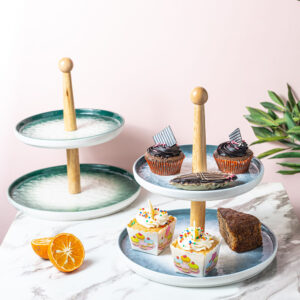 2 Tier Cake Stand with Wooden Handle- Blue