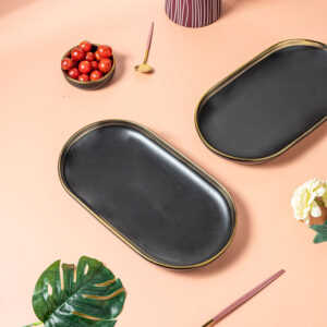 Black and Golden Ceramic Oval Shaped Serving Plate