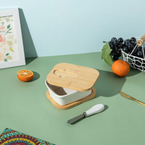 White Ceramic Butter Dish with Wooden Lid